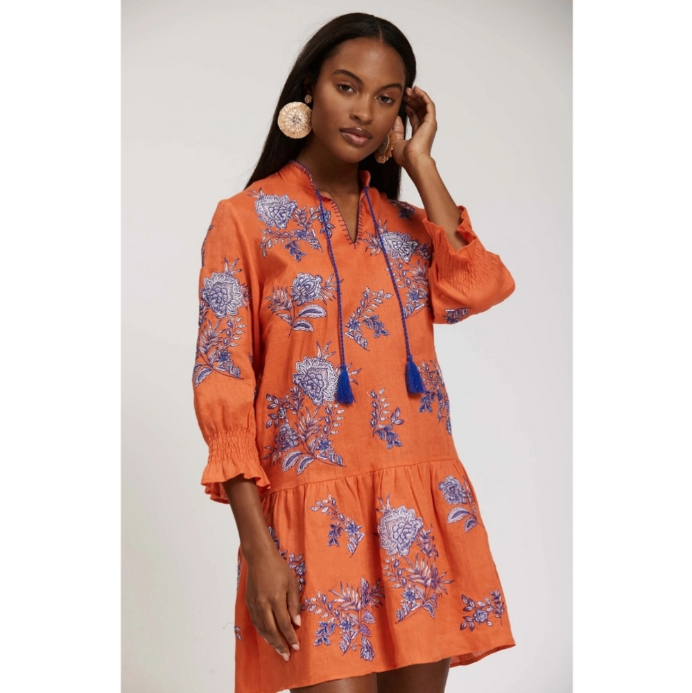 TYLER BOE Niki Fleur De Lis Dress- Tiger Lily Print Orange Blue Linen XS